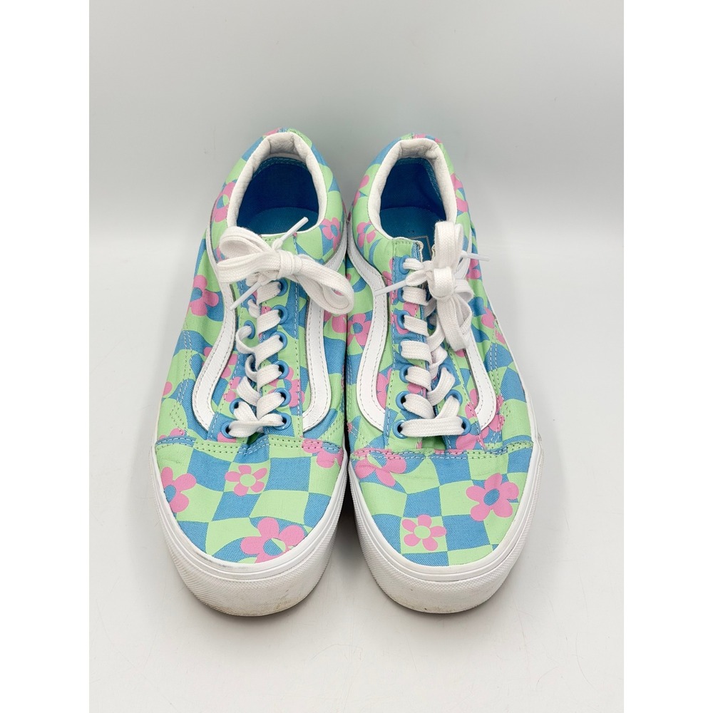 Vans Old Skool Stacked Platform Shoes Womens 9.5 Mens 8 Blue Green Floral Check